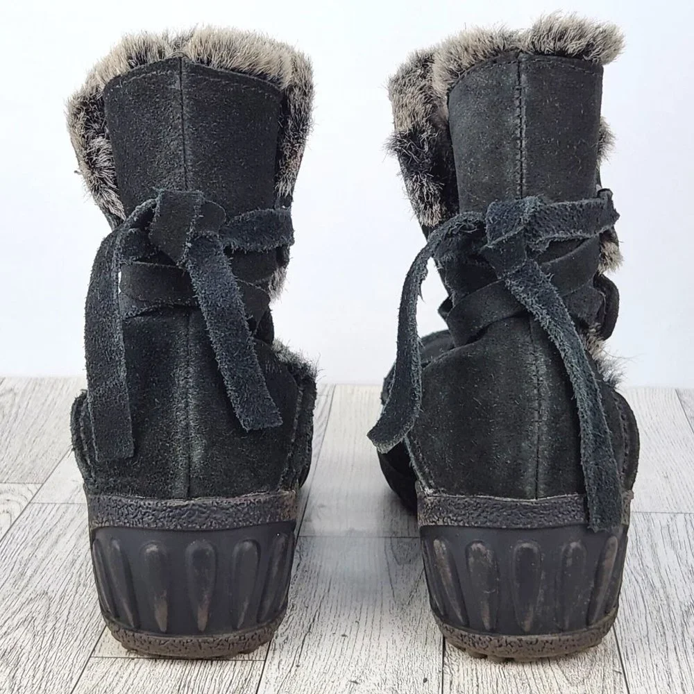 Khombu Womens Ankle Boots Size 7 Black Leather Faux Fur Collar, Leather Tie Up